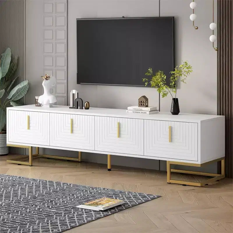 TV-Schrank für Fernseher ab 80 Zoll, moderner, minimalistischer, geometrischer und multifunktionaler TV-Ständer mit Aufbewahrungsschränken, Metallgriffen und Beinen