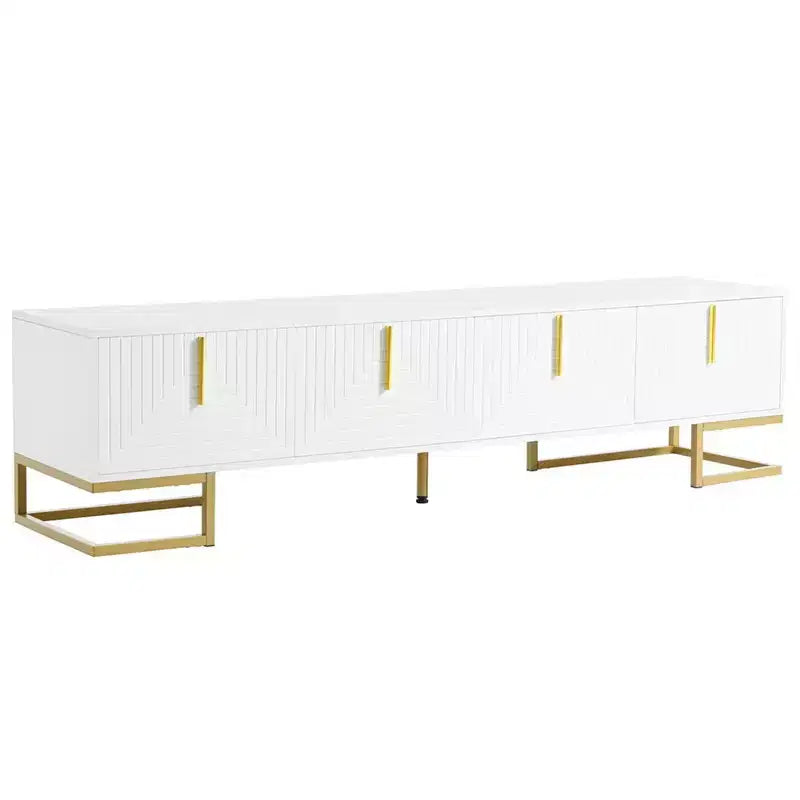 TV-Schrank für Fernseher ab 80 Zoll, moderner, minimalistischer, geometrischer und multifunktionaler TV-Ständer mit Aufbewahrungsschränken, Metallgriffen und Beinen