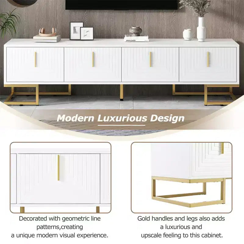 TV-Schrank für Fernseher ab 80 Zoll, moderner, minimalistischer, geometrischer und multifunktionaler TV-Ständer mit Aufbewahrungsschränken, Metallgriffen und Beinen