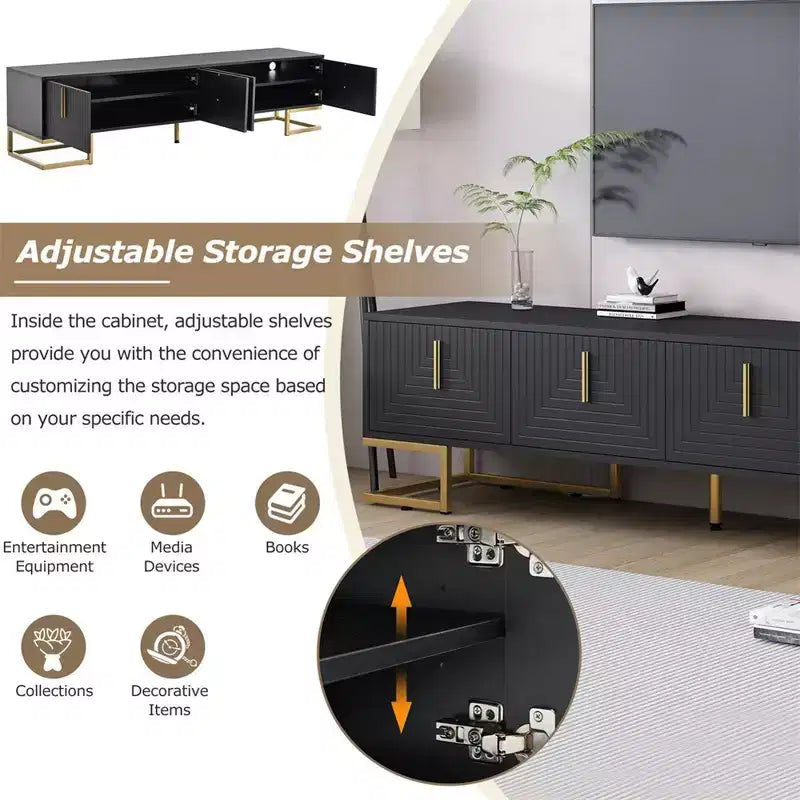 TV-Schrank für Fernseher ab 80 Zoll, moderner, minimalistischer, geometrischer und multifunktionaler TV-Ständer mit Aufbewahrungsschränken, Metallgriffen und Beinen