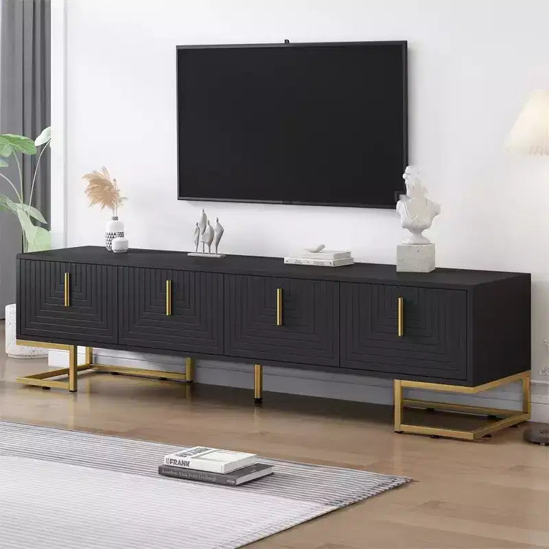 TV-Schrank für Fernseher ab 80 Zoll, moderner, minimalistischer, geometrischer und multifunktionaler TV-Ständer mit Aufbewahrungsschränken, Metallgriffen und Beinen
