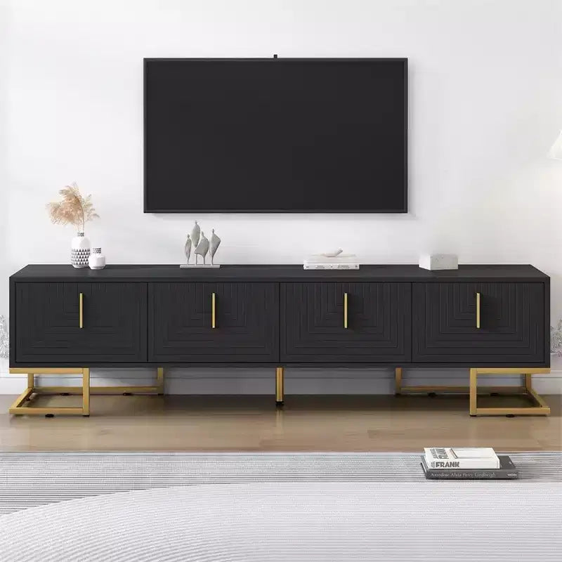 TV-Schrank für Fernseher ab 80 Zoll, moderner, minimalistischer, geometrischer und multifunktionaler TV-Ständer mit Aufbewahrungsschränken, Metallgriffen und Beinen