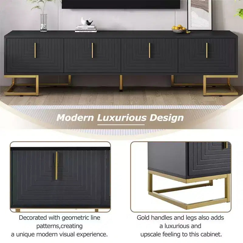 TV-Schrank für Fernseher ab 80 Zoll, moderner, minimalistischer, geometrischer und multifunktionaler TV-Ständer mit Aufbewahrungsschränken, Metallgriffen und Beinen