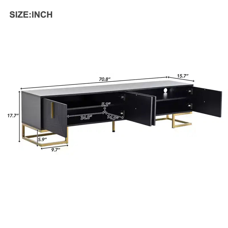 TV-Schrank für Fernseher ab 80 Zoll, moderner, minimalistischer, geometrischer und multifunktionaler TV-Ständer mit Aufbewahrungsschränken, Metallgriffen und Beinen