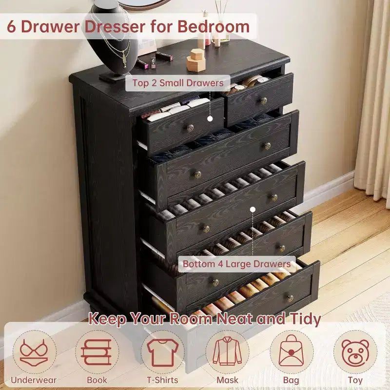 Kommode mit 6 Schubladen für das Schlafzimmer, Vintage-Schubladenkommode mit geschnitzten Griffen, 47H schmaler Nachttisch, Kommode aus Holz mit Organizer für den Eingangsbereich, Hellbraun