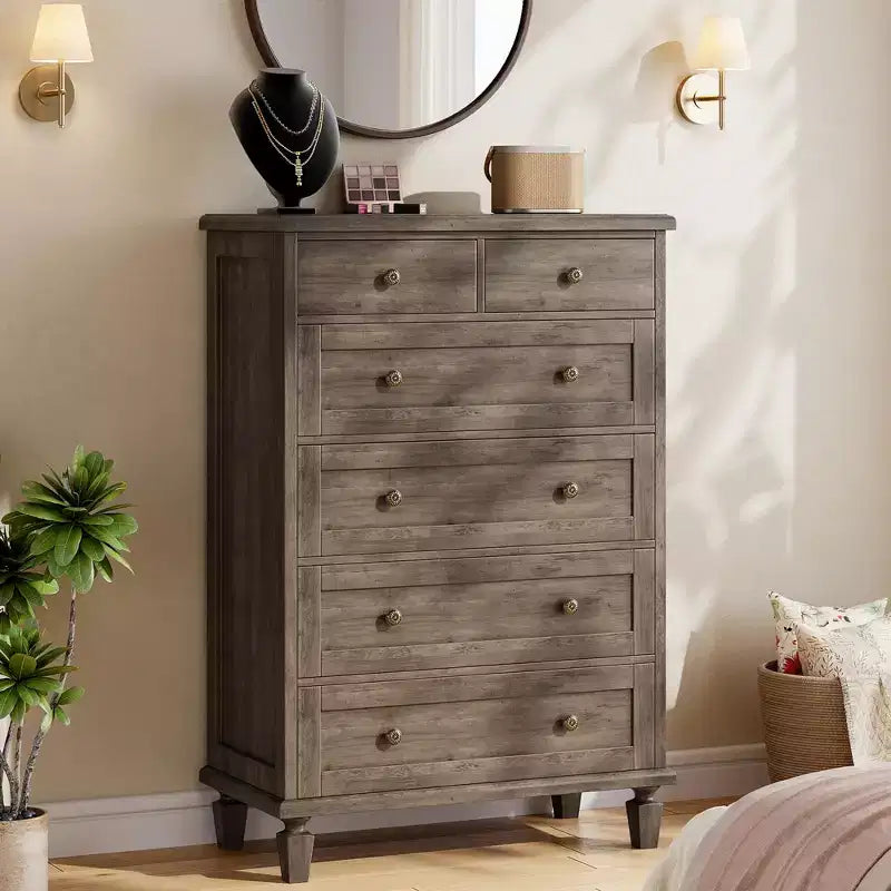 Kommode mit 6 Schubladen für das Schlafzimmer, Vintage-Schubladenkommode mit geschnitzten Griffen, 47H schmaler Nachttisch, Kommode aus Holz mit Organizer für den Eingangsbereich, Hellbraun