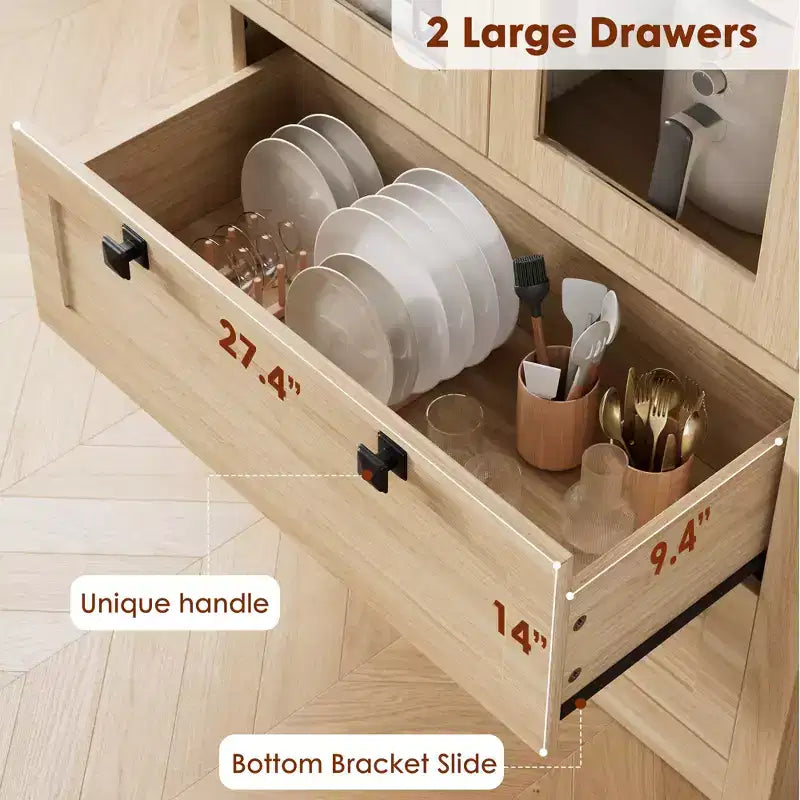 Garde-manger de style maison de campagne moderne 72 - meuble de rangement haut pour cuisine avec portes vitrées, 2 tiroirs et étagères réglables pour la salle à manger et le salon