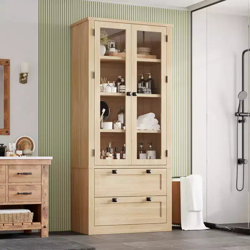 Garde-manger de style maison de campagne moderne 72 - meuble de rangement haut pour cuisine avec portes vitrées, 2 tiroirs et étagères réglables pour la salle à manger et le salon