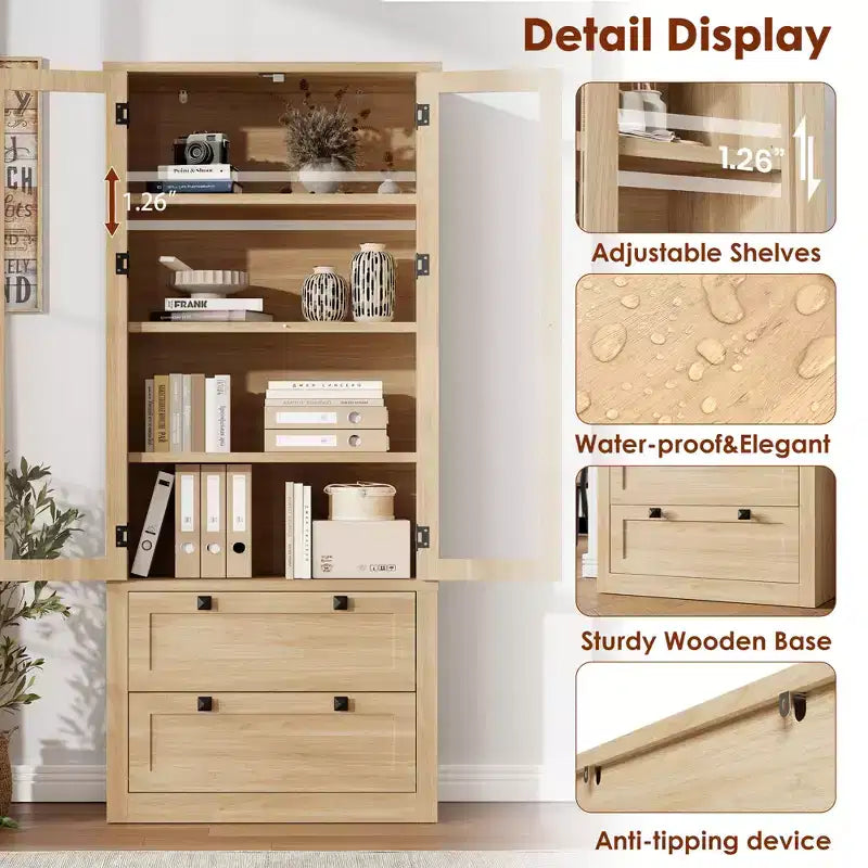 Garde-manger de style maison de campagne moderne 72 - meuble de rangement haut pour cuisine avec portes vitrées, 2 tiroirs et étagères réglables pour la salle à manger et le salon