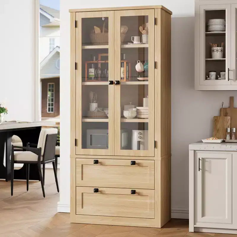 Garde-manger de style maison de campagne moderne 72 - meuble de rangement haut pour cuisine avec portes vitrées, 2 tiroirs et étagères réglables pour la salle à manger et le salon