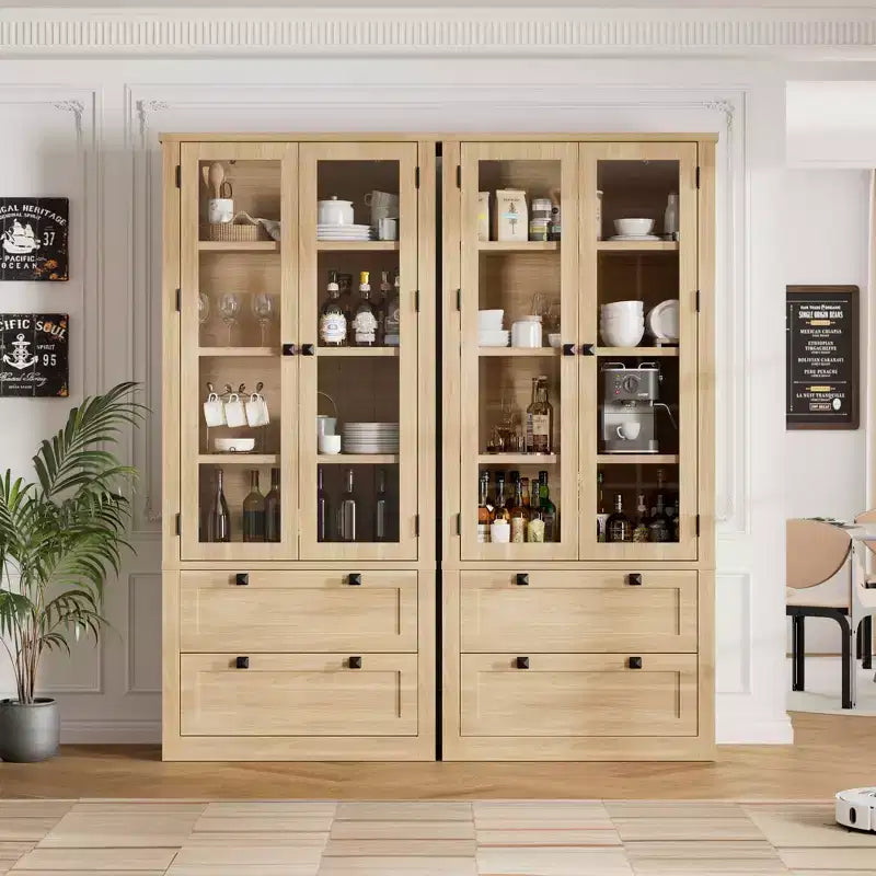 Garde-manger de style maison de campagne moderne 72 - meuble de rangement haut pour cuisine avec portes vitrées, 2 tiroirs et étagères réglables pour la salle à manger et le salon