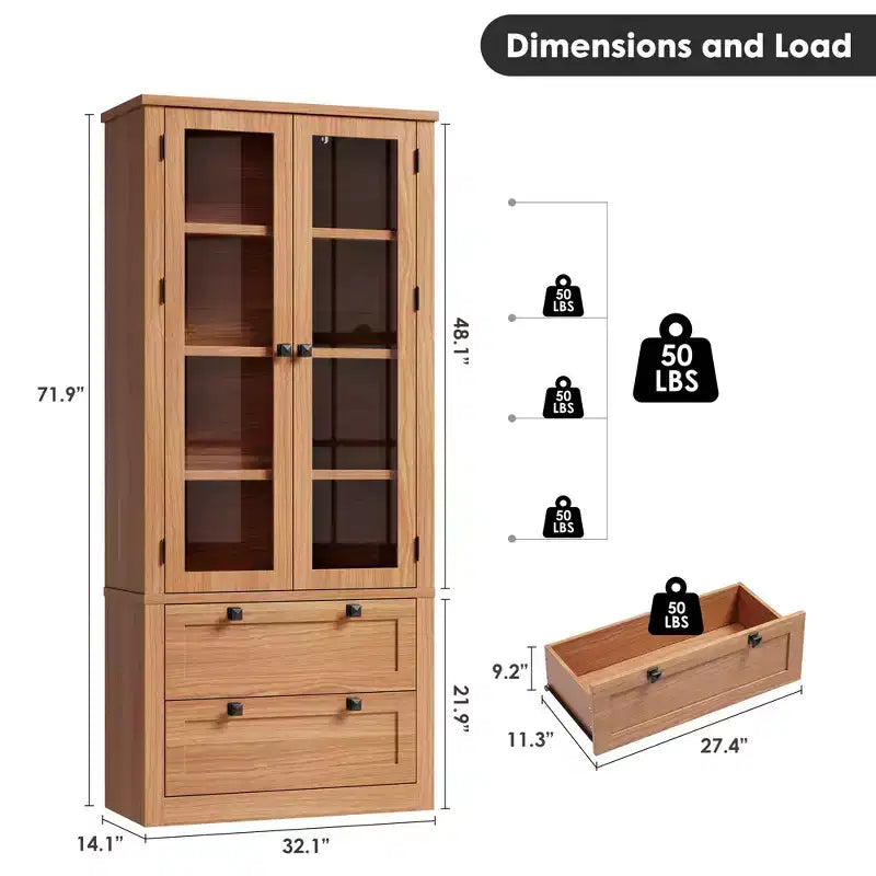 Garde-manger de style maison de campagne moderne 72 - meuble de rangement haut pour cuisine avec portes vitrées, 2 tiroirs et étagères réglables pour la salle à manger et le salon