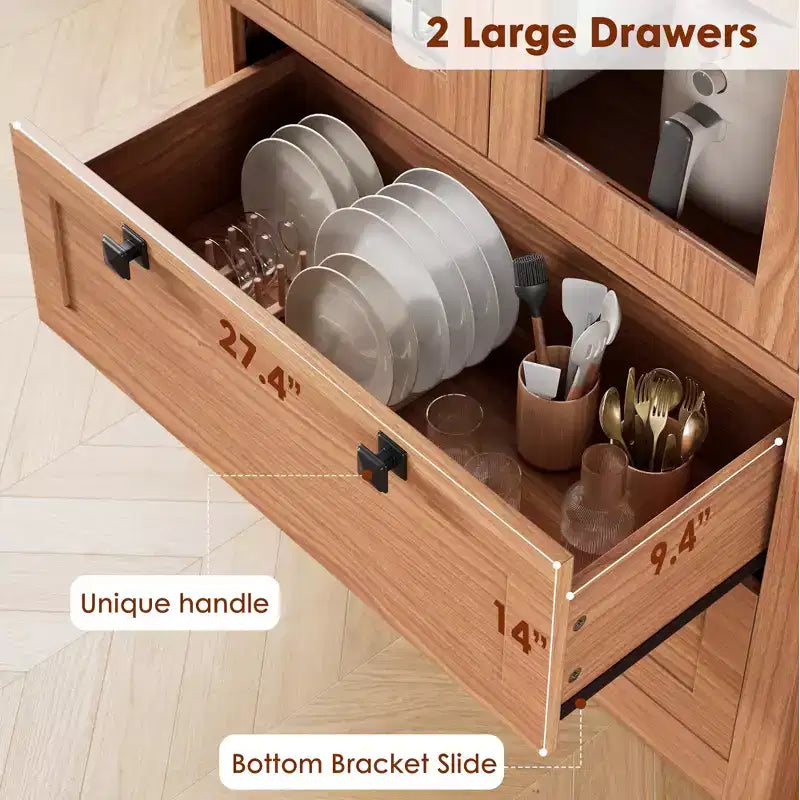 Garde-manger de style maison de campagne moderne 72 - meuble de rangement haut pour cuisine avec portes vitrées, 2 tiroirs et étagères réglables pour la salle à manger et le salon
