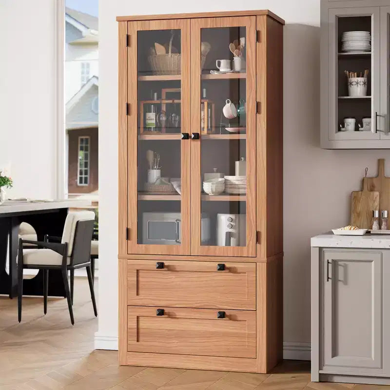 Garde-manger de style maison de campagne moderne 72 - meuble de rangement haut pour cuisine avec portes vitrées, 2 tiroirs et étagères réglables pour la salle à manger et le salon