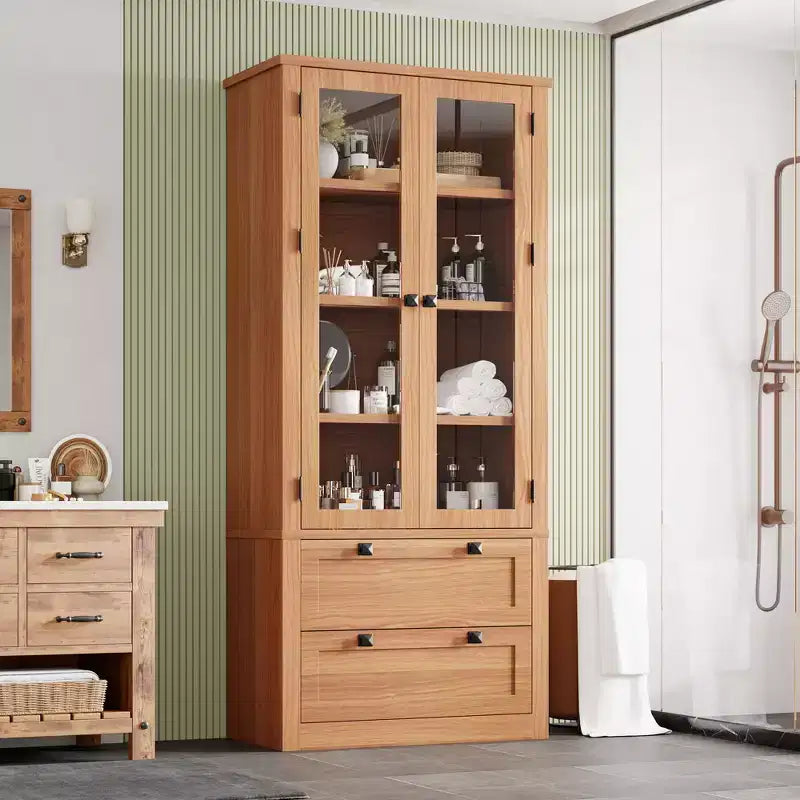 Garde-manger de style maison de campagne moderne 72 - meuble de rangement haut pour cuisine avec portes vitrées, 2 tiroirs et étagères réglables pour la salle à manger et le salon