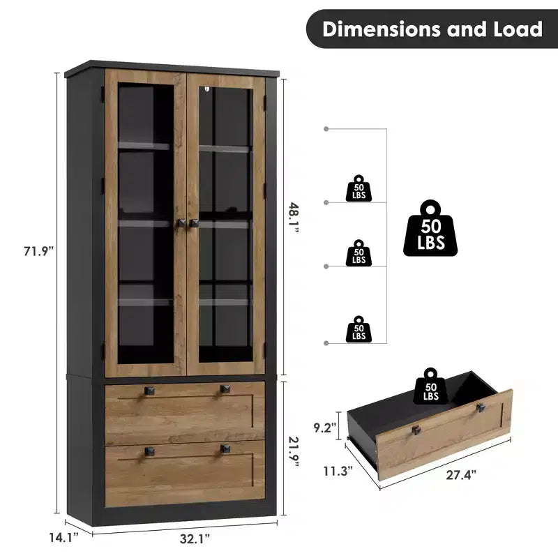 Garde-manger de style maison de campagne moderne 72 - meuble de rangement haut pour cuisine avec portes vitrées, 2 tiroirs et étagères réglables pour la salle à manger et le salon