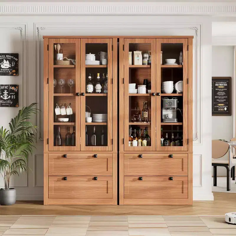 Garde-manger de style maison de campagne moderne 72 - meuble de rangement haut pour cuisine avec portes vitrées, 2 tiroirs et étagères réglables pour la salle à manger et le salon
