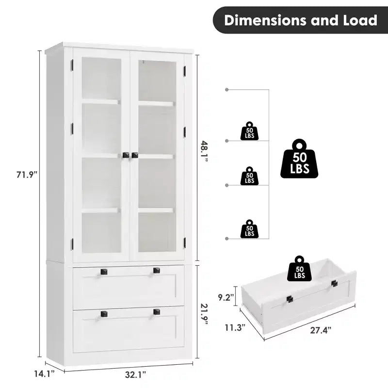 Garde-manger de style maison de campagne moderne 72 - meuble de rangement haut pour cuisine avec portes vitrées, 2 tiroirs et étagères réglables pour la salle à manger et le salon