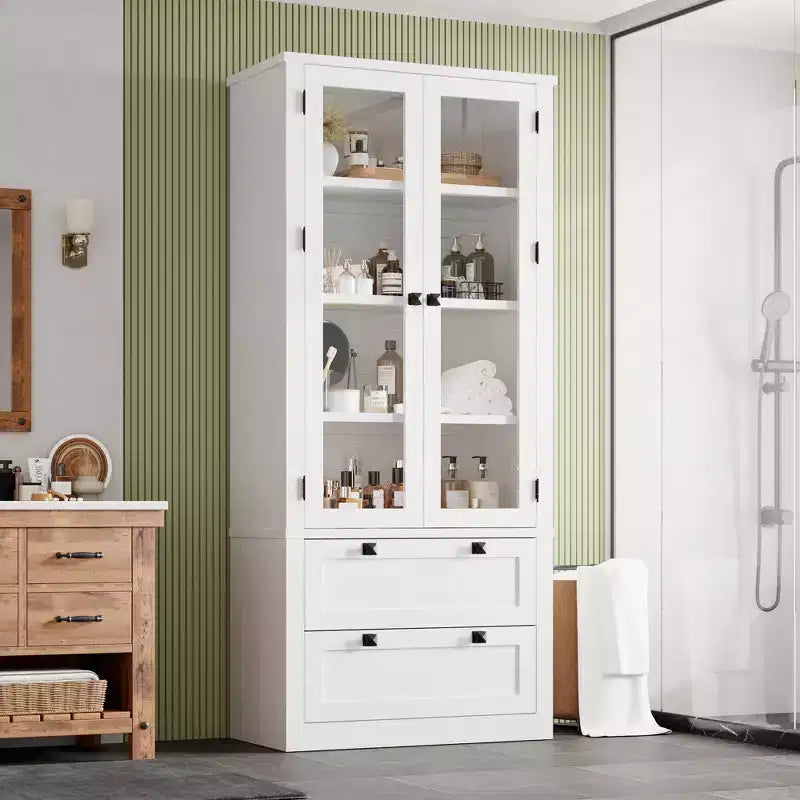 Garde-manger de style maison de campagne moderne 72 - meuble de rangement haut pour cuisine avec portes vitrées, 2 tiroirs et étagères réglables pour la salle à manger et le salon