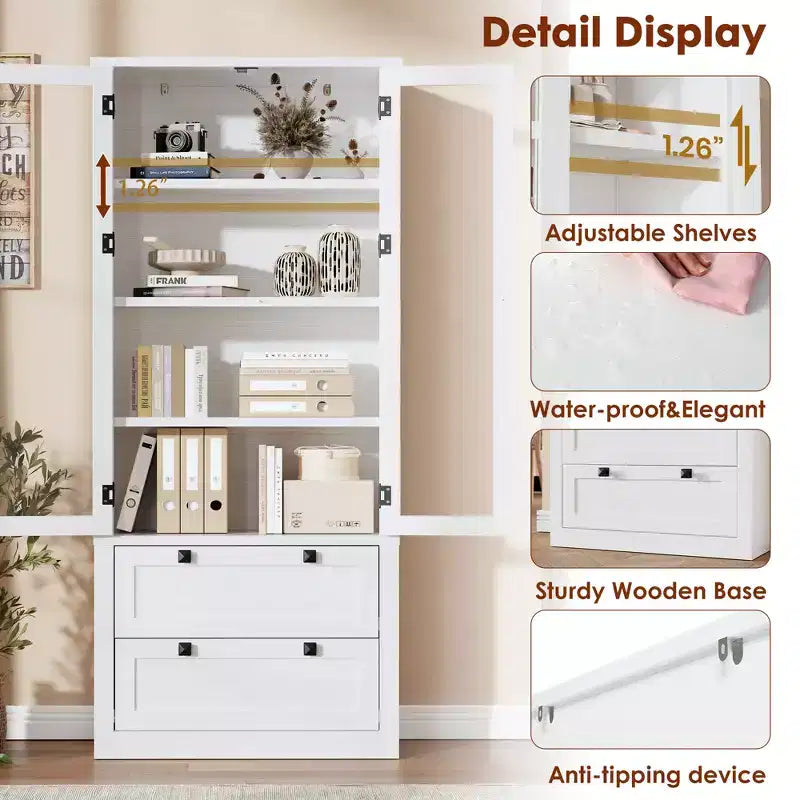 Garde-manger de style maison de campagne moderne 72 - meuble de rangement haut pour cuisine avec portes vitrées, 2 tiroirs et étagères réglables pour la salle à manger et le salon