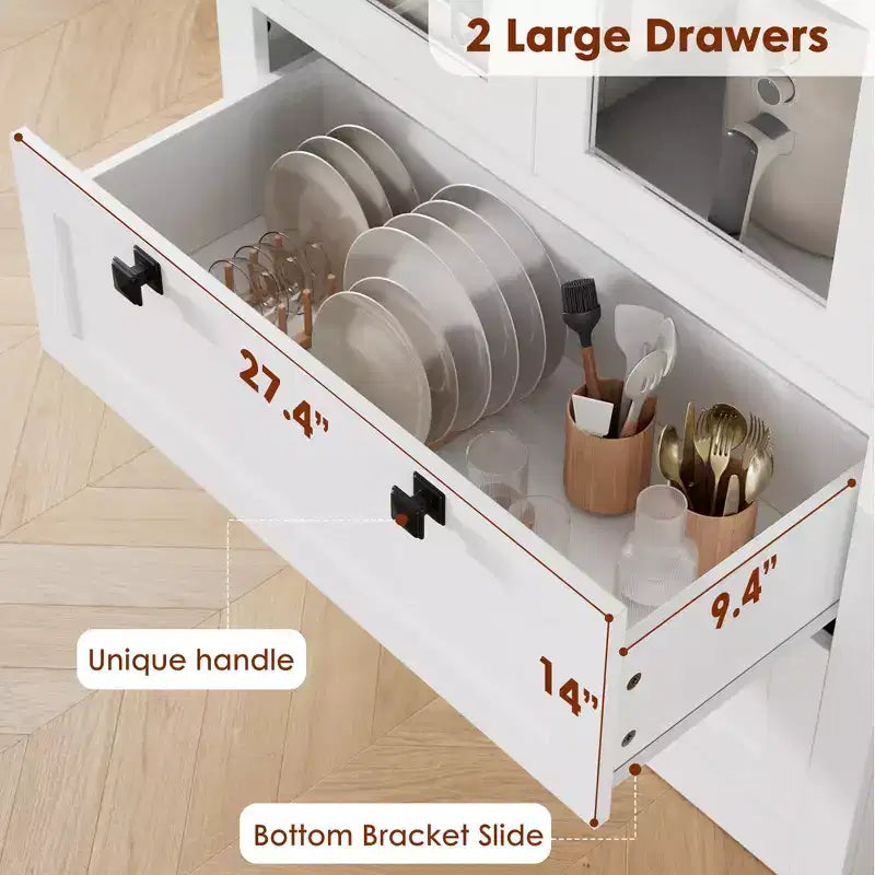 Garde-manger de style maison de campagne moderne 72 - meuble de rangement haut pour cuisine avec portes vitrées, 2 tiroirs et étagères réglables pour la salle à manger et le salon