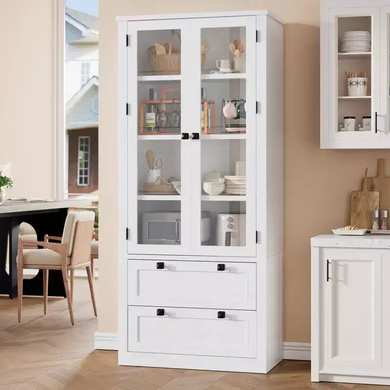 Garde-manger de style maison de campagne moderne 72 - meuble de rangement haut pour cuisine avec portes vitrées, 2 tiroirs et étagères réglables pour la salle à manger et le salon