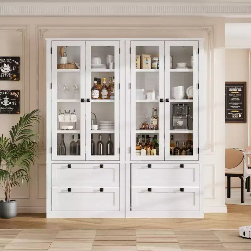 Garde-manger de style maison de campagne moderne 72 - meuble de rangement haut pour cuisine avec portes vitrées, 2 tiroirs et étagères réglables pour la salle à manger et le salon