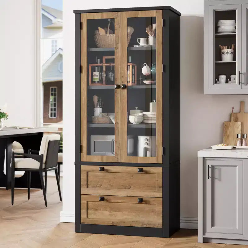 72-Zoll-Vorratsschrank im modernen Landhausstil - hoher Küchenschrank mit Glastüren, 2 Schubladen und verstellbaren Einlegeböden für Ess- und Wohnzimmer
