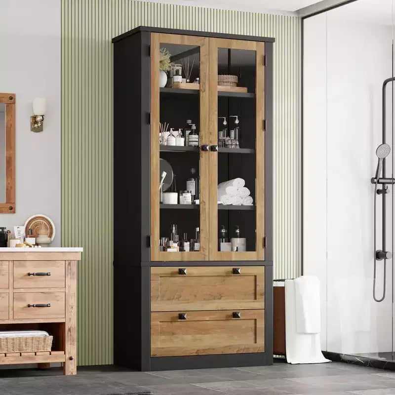 Garde-manger de style maison de campagne moderne 72 - meuble de rangement haut pour cuisine avec portes vitrées, 2 tiroirs et étagères réglables pour la salle à manger et le salon