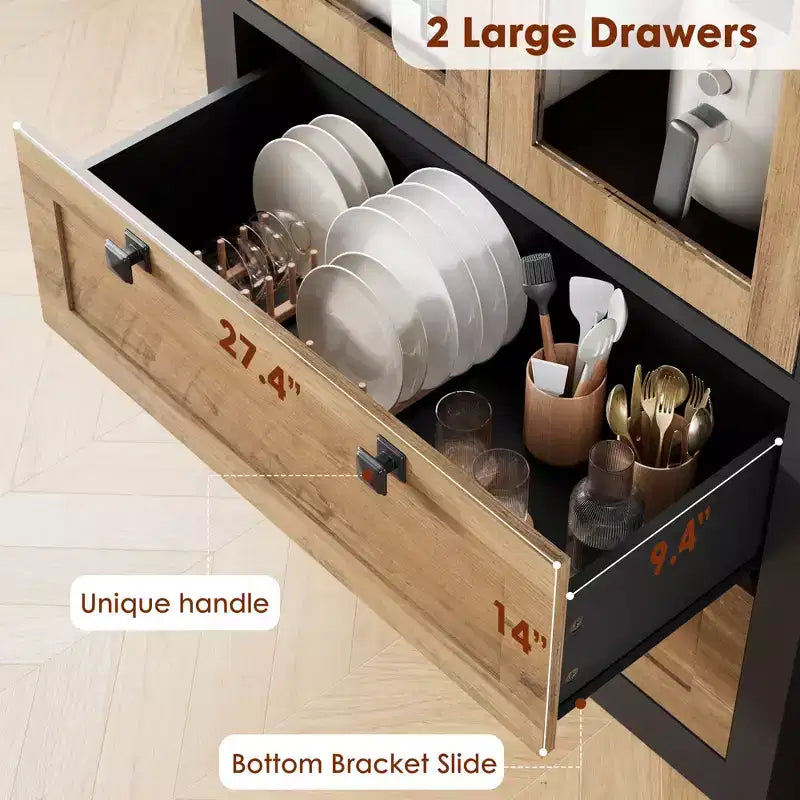 Garde-manger de style maison de campagne moderne 72 - meuble de rangement haut pour cuisine avec portes vitrées, 2 tiroirs et étagères réglables pour la salle à manger et le salon