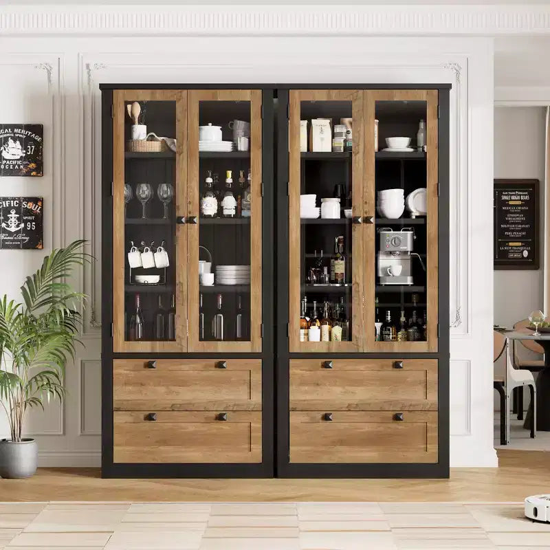 Garde-manger de style maison de campagne moderne 72 - meuble de rangement haut pour cuisine avec portes vitrées, 2 tiroirs et étagères réglables pour la salle à manger et le salon