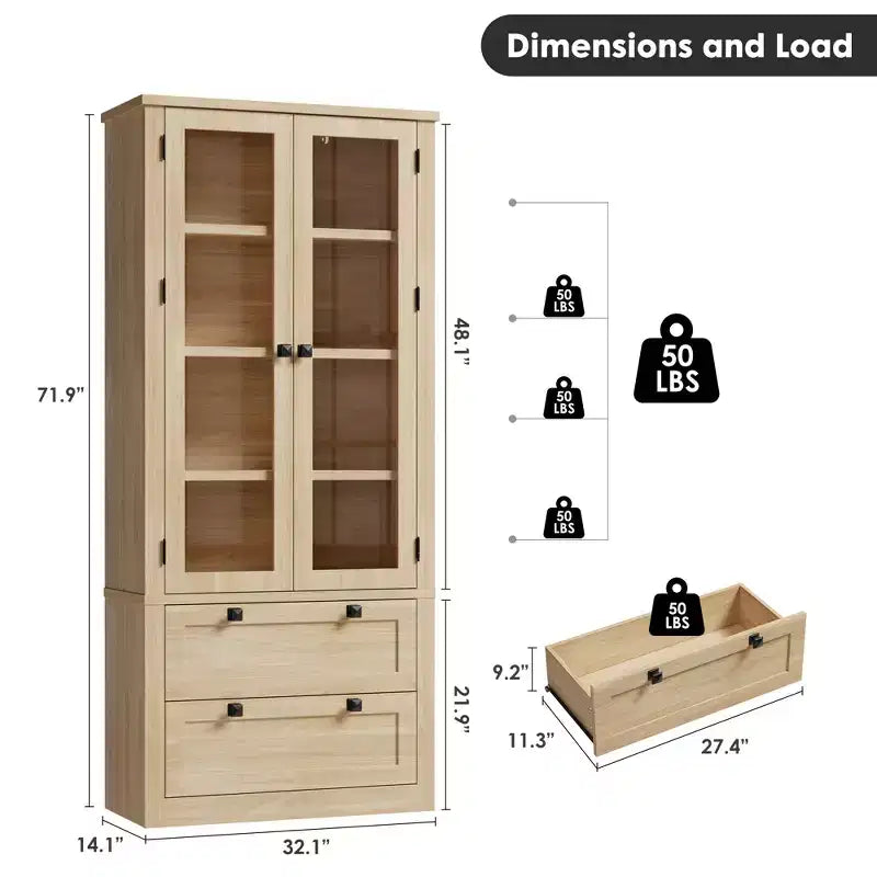 Garde-manger de style maison de campagne moderne 72 - meuble de rangement haut pour cuisine avec portes vitrées, 2 tiroirs et étagères réglables pour la salle à manger et le salon