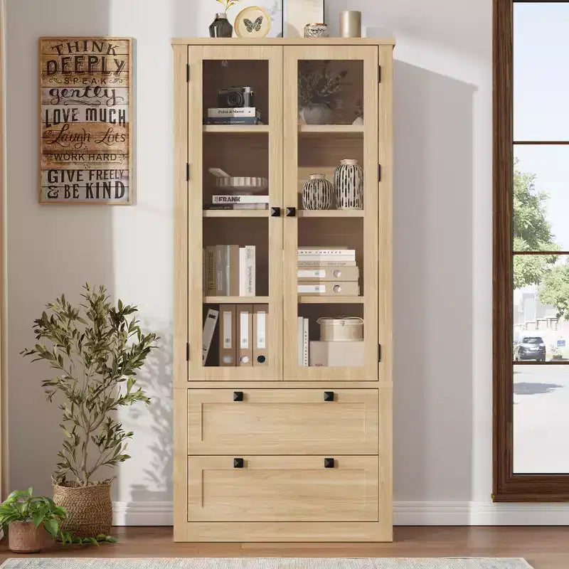 72-Zoll-Vorratsschrank im modernen Landhausstil - hoher Küchenschrank mit Glastüren, 2 Schubladen und verstellbaren Einlegeböden für Ess- und Wohnzimmer
