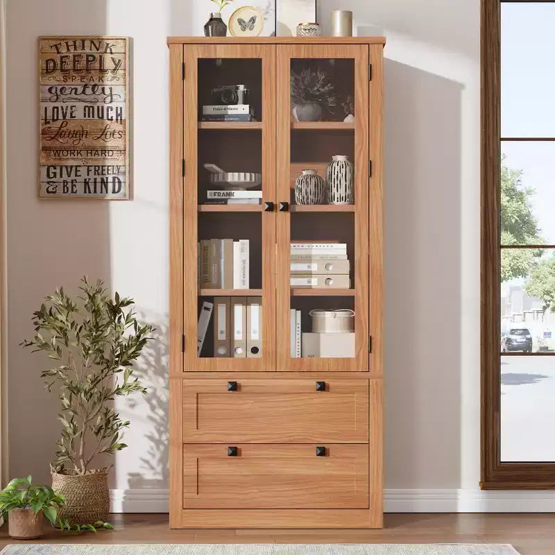 72-Zoll-Vorratsschrank im modernen Landhausstil - hoher Küchenschrank mit Glastüren, 2 Schubladen und verstellbaren Einlegeböden für Ess- und Wohnzimmer