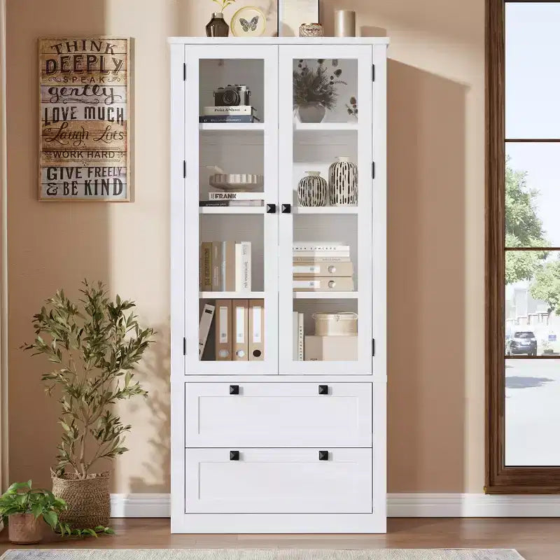 72-Zoll-Vorratsschrank im modernen Landhausstil - hoher Küchenschrank mit Glastüren, 2 Schubladen und verstellbaren Einlegeböden für Ess- und Wohnzimmer