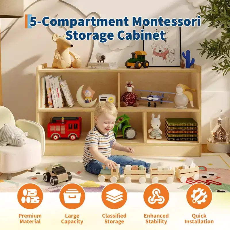 Kinder-Bücherregal aus Holz mit 5 Fächern und 2 Ebenen, offenes Regal zur Aufbewahrung von Spielzeug, für Spielzimmer, Kinderzimmer, Klassenzimmer und Kindergarten