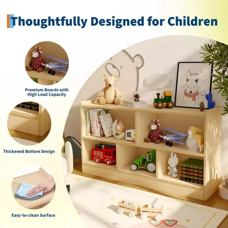 Kinder-Bücherregal aus Holz mit 5 Fächern und 2 Ebenen, offenes Regal zur Aufbewahrung von Spielzeug, für Spielzimmer, Kinderzimmer, Klassenzimmer und Kindergarten