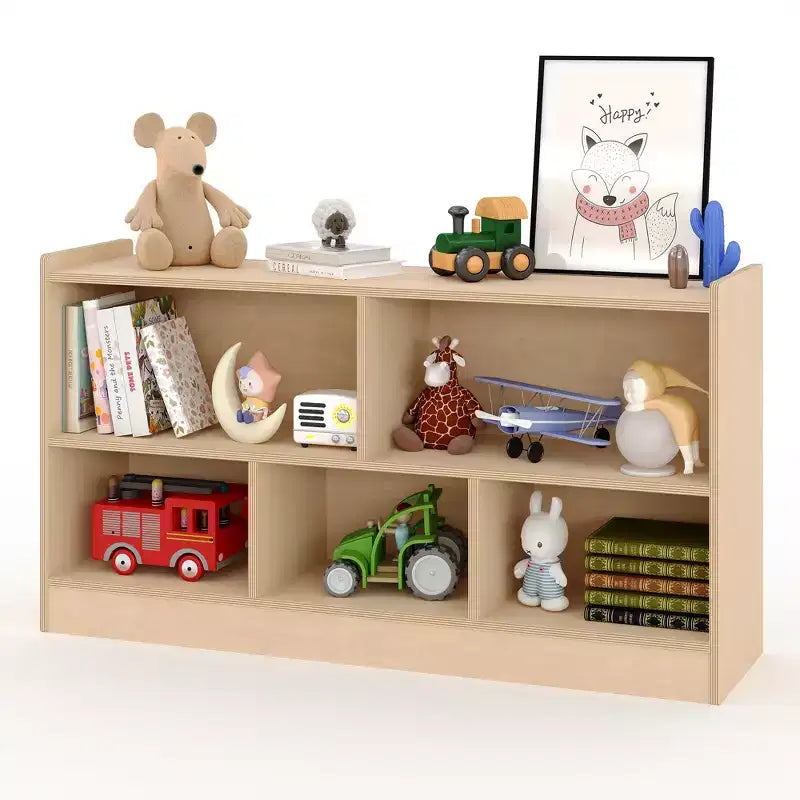 Kids Wooden Bookshelf 5-Section 2-Tier, Open Shelving Toy Storage Organizer Bookcase for Playroom, Nursery, Classroom & Kindergarten