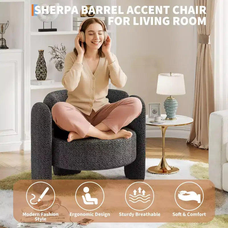 Sillón decorativo extragrande moderno de chenilla tipo barril, sillón de mediados de siglo con respaldo abierto, tapizado suave y acogedor para sala de estar, dormitorio y oficina