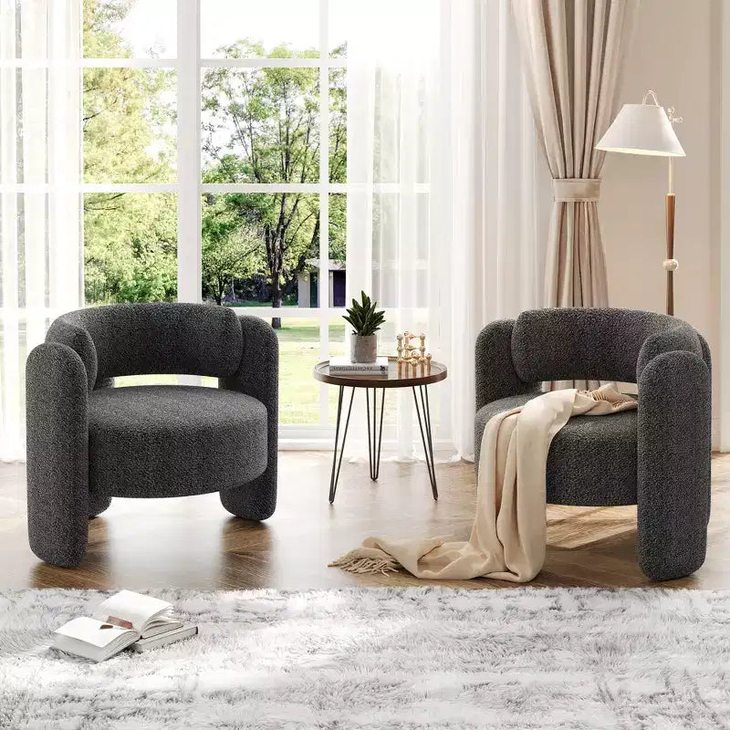 Sillón decorativo extragrande moderno de chenilla tipo barril, sillón de mediados de siglo con respaldo abierto, tapizado suave y acogedor para sala de estar, dormitorio y oficina