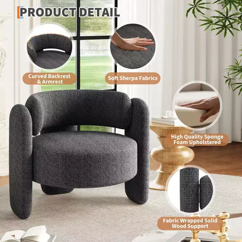 Sillón decorativo extragrande moderno de chenilla tipo barril, sillón de mediados de siglo con respaldo abierto, tapizado suave y acogedor para sala de estar, dormitorio y oficina
