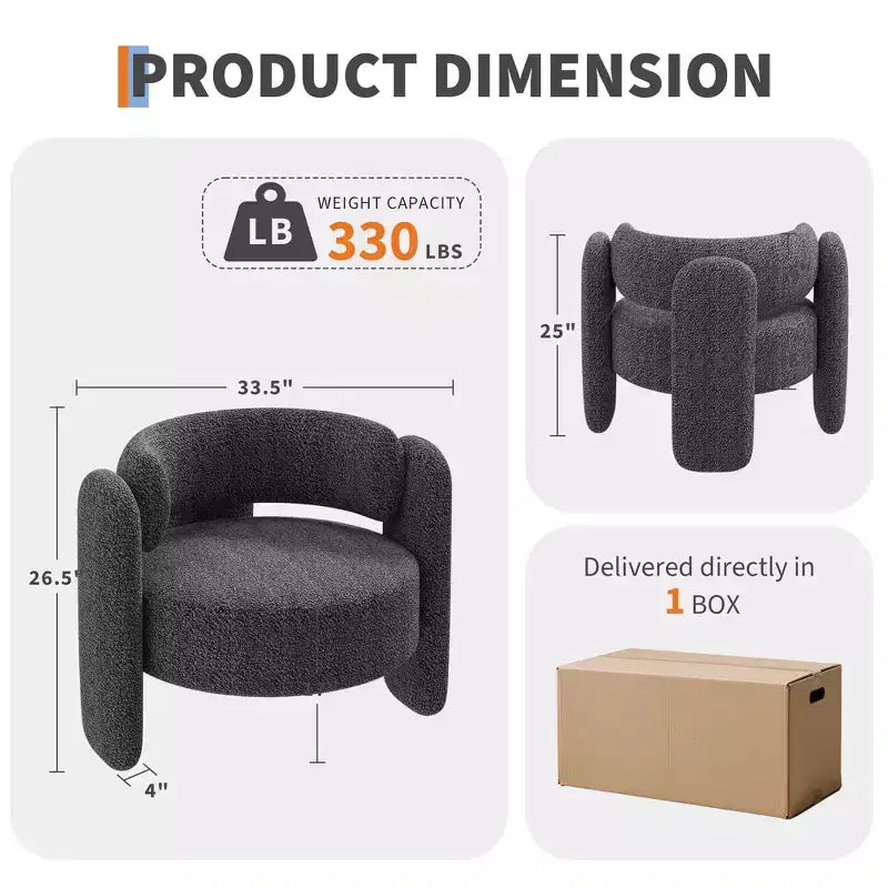 Sillón decorativo extragrande moderno de chenilla tipo barril, sillón de mediados de siglo con respaldo abierto, tapizado suave y acogedor para sala de estar, dormitorio y oficina