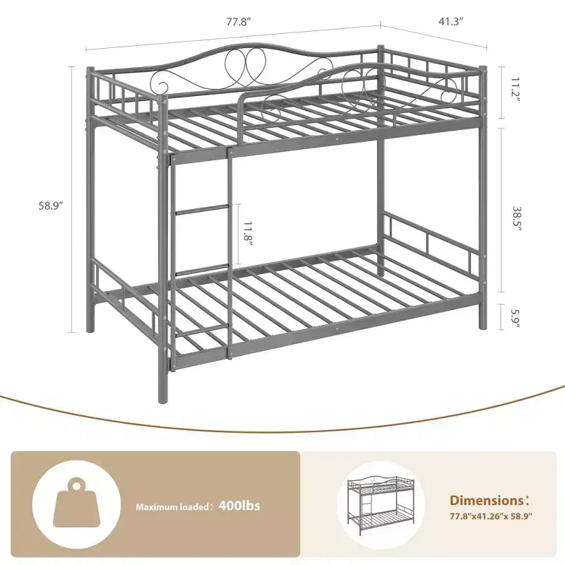 Lit superposé deux places avec échelle et barrières de sécurité intégrales, structure robuste en métal, silencieux, sans sommier, montage facile