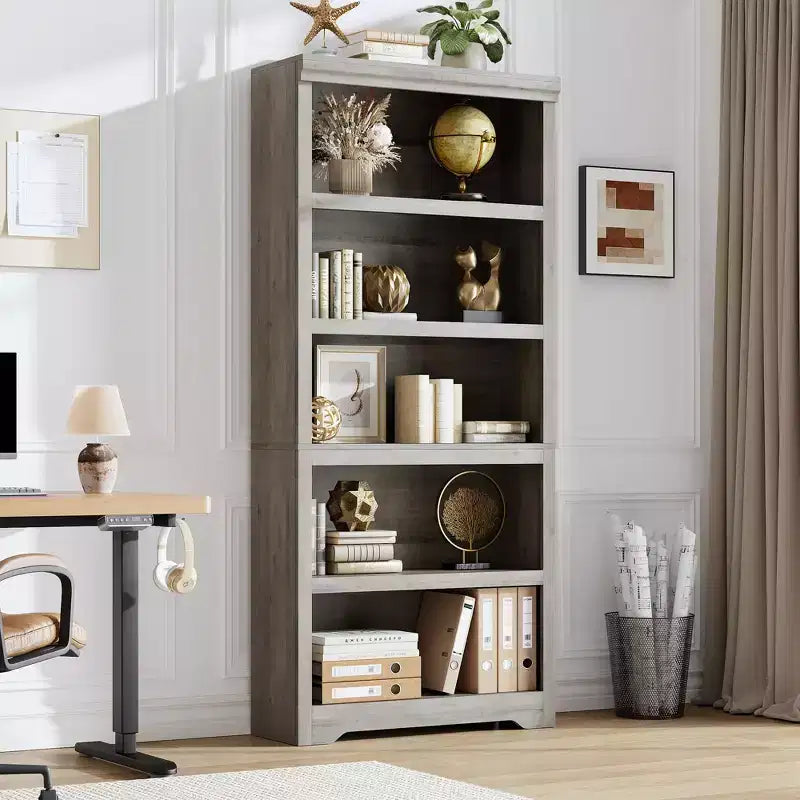 Estantería de estilo rústico de 5 niveles, librero alto de 69 con estantes ajustables y diseño antideslizante, estante abierto para oficina en casa y sala de estar