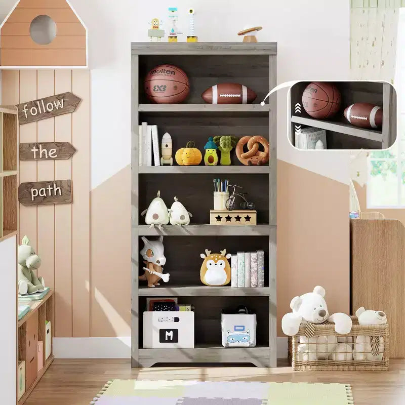 Estantería de estilo rústico de 5 niveles, librero alto de 69 con estantes ajustables y diseño antideslizante, estante abierto para oficina en casa y sala de estar
