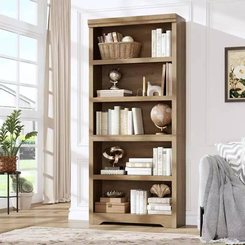Bücherregal im Landhausstil mit 5 Ebenen, 69 hoch, mit verstellbaren Ablagen und rutschfestem Design, offenes Aufbewahrungsregal für Homeoffice und Wohnzimmer