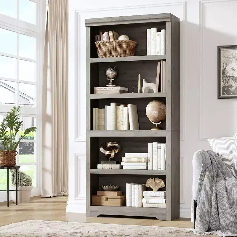 Bücherregal im Landhausstil mit 5 Ebenen, 69 hoch, mit verstellbaren Ablagen und rutschfestem Design, offenes Aufbewahrungsregal für Homeoffice und Wohnzimmer