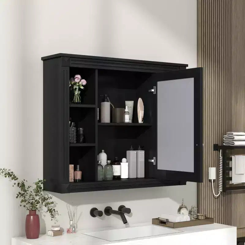 Wandmontierter Badezimmerschrank mit 35' x 28', moderner Badezimmerschrank mit Spiegel, Spiegelschrank mit 6 offenen Ablagen, Schwarz
