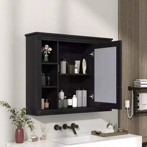 Wandmontierter Badezimmerschrank mit 35' x 28', moderner Badezimmerschrank mit Spiegel, Spiegelschrank mit 6 offenen Ablagen, Schwarz