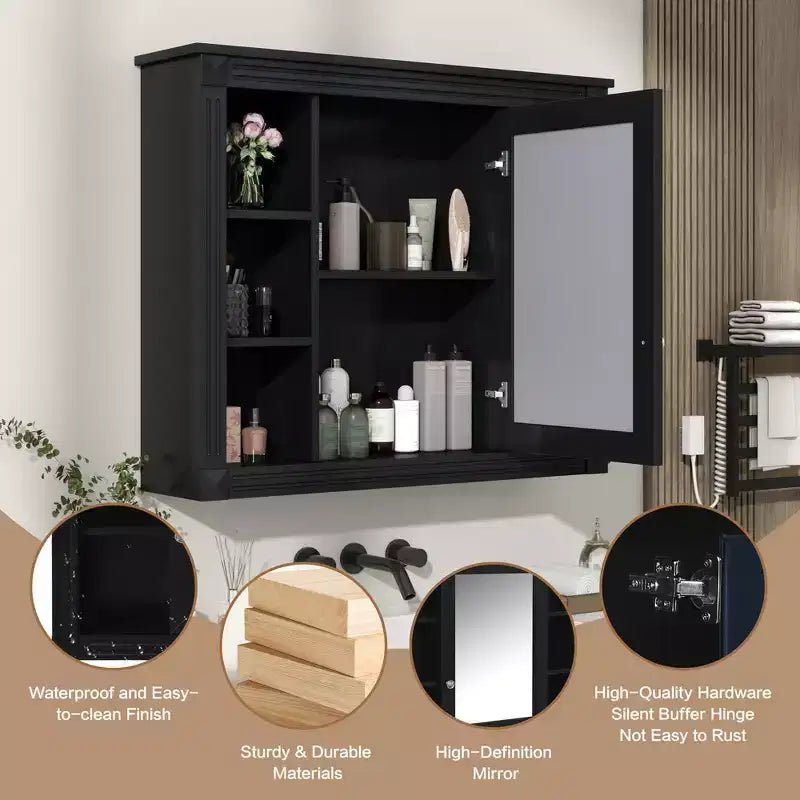 Wandmontierter Badezimmerschrank mit 35' x 28', moderner Badezimmerschrank mit Spiegel, Spiegelschrank mit 6 offenen Ablagen, Schwarz